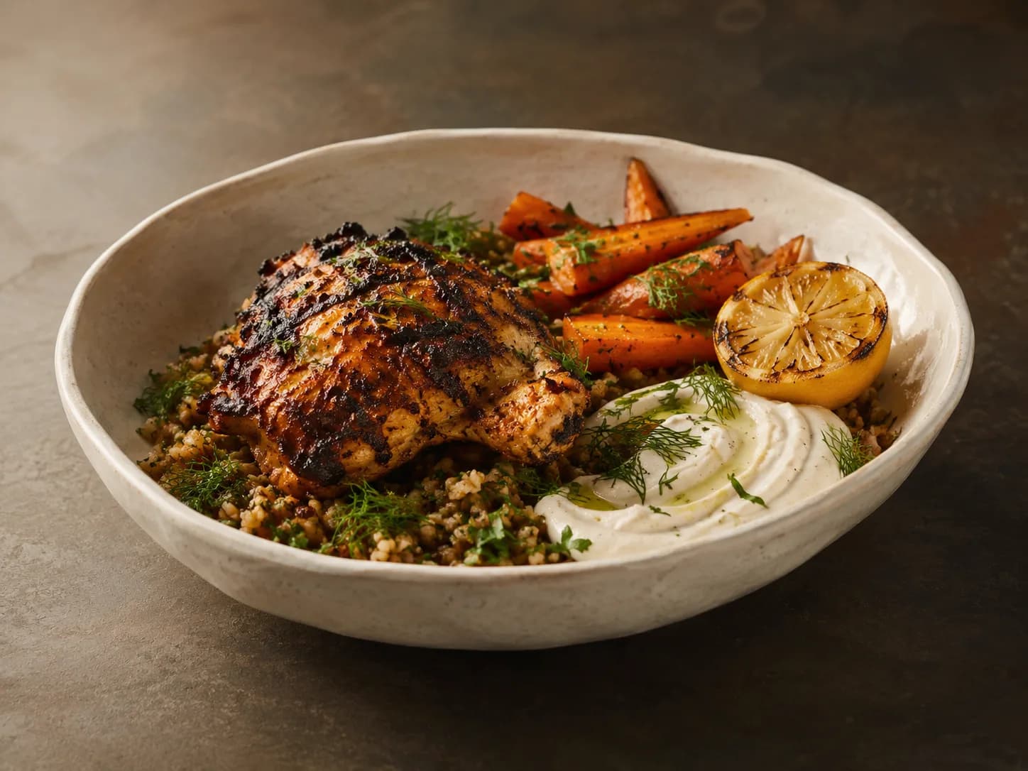 Charred chicken, freekeh, preserved lemon